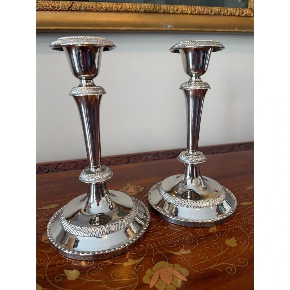 Vintage‎ Silver Plate Candlestick Pair • Neoclassical Taper Holders 7.75